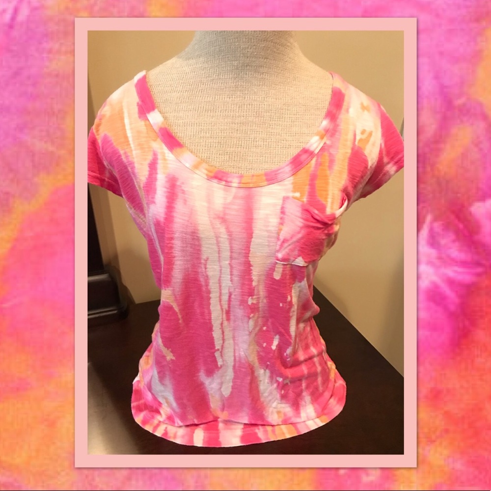 Scoop Neck S/S Tie Dye Pink Orange Tee XS